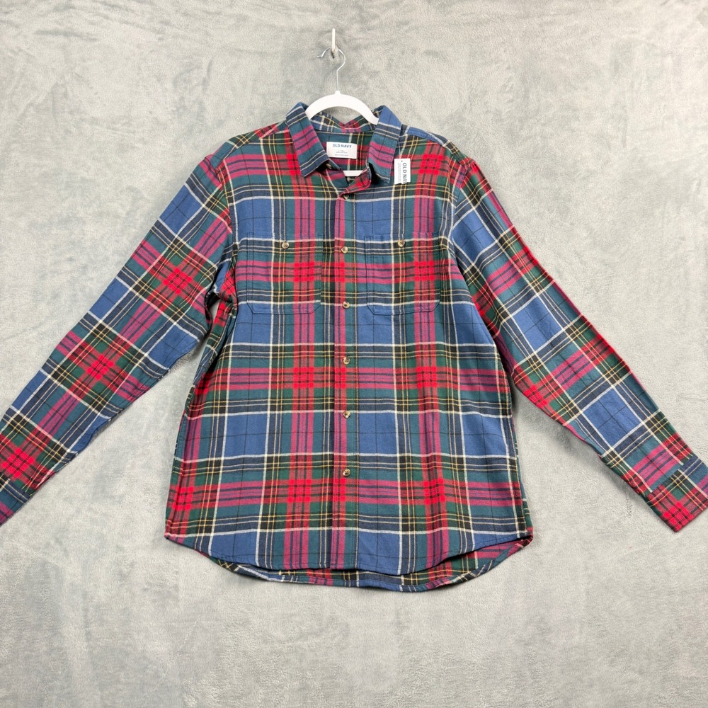 Old Navy Mens Large Tall Blue Red Plaid Flannel Button Down Shirt Double Brushed